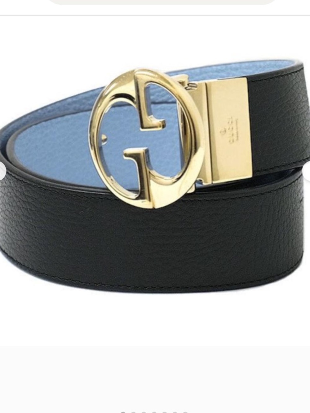 Gucci Reversible Leather Belt in Black and Light Blue with Gold Double G Buckle
